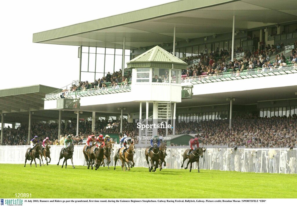 31 July 2003; Runners and Riders go past the grandstand, first time round, during the Guinness Beginners Steeplechase. Galway Racing Festival, Ballybrit, Galway. Picture credit; Brendan Moran / SPORTSFILE *EDI*