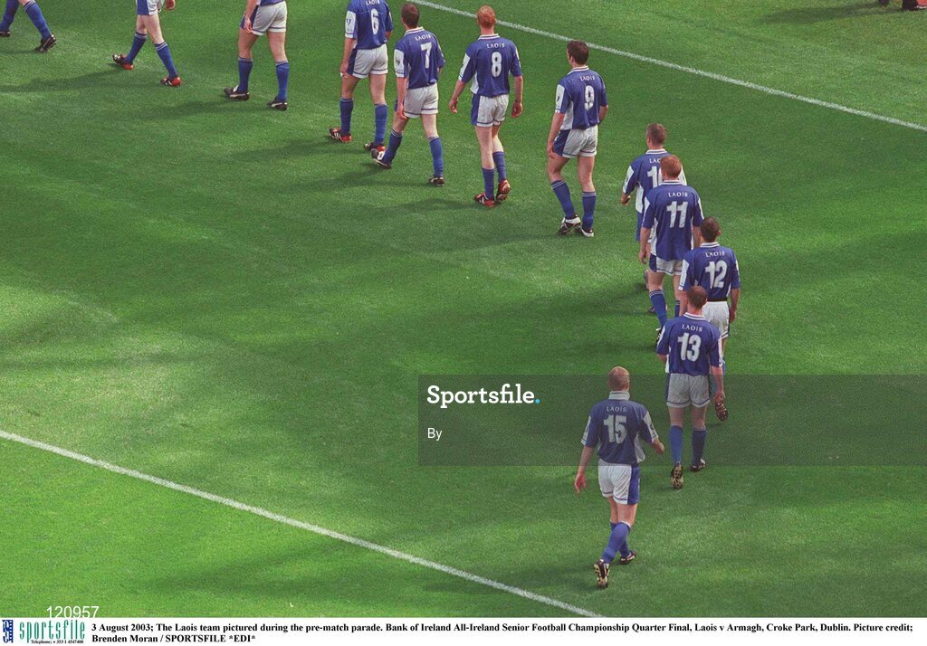 3 August 2003; The Laois team pictured during the pre-match parade. Bank of Ireland All-Ireland Senior Football Championship Quarter Final, Laois v Armagh, Croke Park, Dublin. Picture credit; Brenden Moran / SPORTSFILE *EDI*