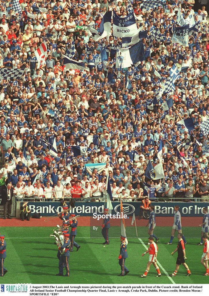 3 August 2003;The Laois and Armagh teams pictured during the pre-match parade in front of the Cusack stand. Bank of Ireland All-Ireland Senior Football Championship Quarter Final, Laois v Armagh, Croke Park, Dublin. Picture credit; Brenden Moran / SPORTSFILE *EDI*