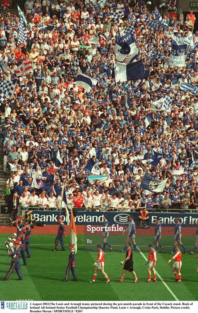 3 August 2003;The Laois and Armagh teams pictured during the pre-match parade in front of the Cusack stand. Bank of Ireland All-Ireland Senior Football Championship Quarter Final, Laois v Armagh, Croke Park, Dublin. Picture credit; Brenden Moran / SPORTSFILE *EDI*