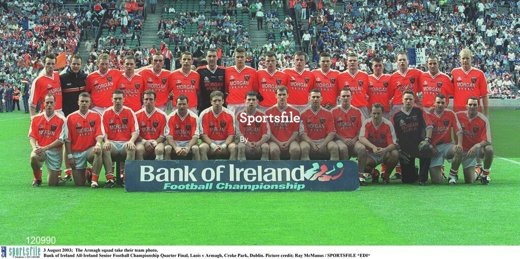 3 August 2003;  The Armagh squad take their team photo.  Bank of Ireland All-Ireland Senior Football Championship Quarter Final, Laois v Armagh, Croke Park, Dublin. Picture credit; Ray McManus / SPORTSFILE *EDI*