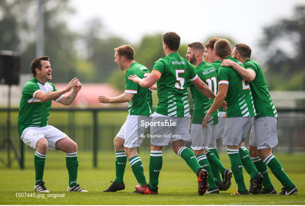 26 May 2018; David Murray, second from right, celebrates with his Ireland team-mates, including Joseph Watson, left, after scoring his side's first goal during the European Deaf Sport Organization European Championships third qualifying round match between Ireland and Sweden at the FAI National Training Centre in Abbotstown, Dublin. Photo by Stephen McCarthy/Sportsfile