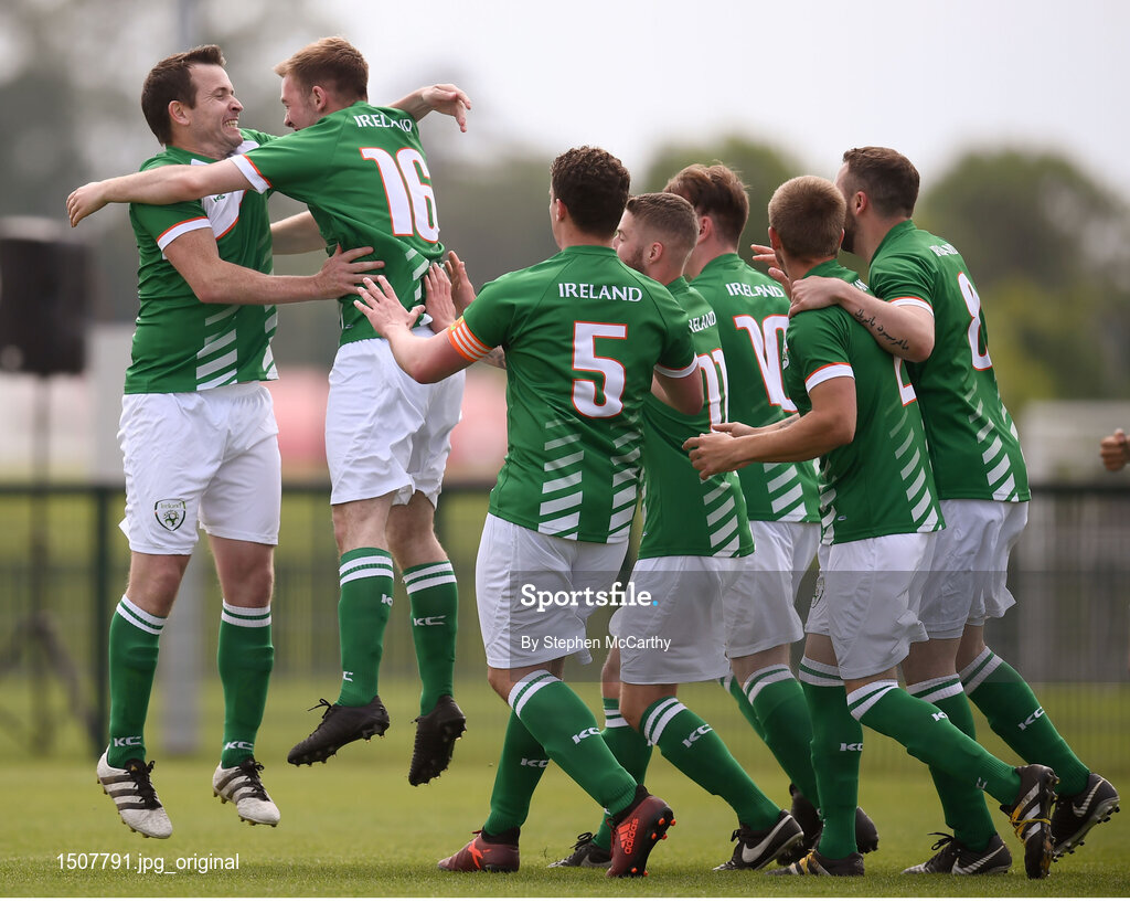 26 May 2018; David Murray, second from right, celebrates with his Ireland team-mates, including Joseph Watson, left, after scoring his side's first goal during the European Deaf Sport Organization European Championships third qualifying round match between Ireland and Sweden at the FAI National Training Centre in Abbotstown, Dublin. Photo by Stephen McCarthy/Sportsfile