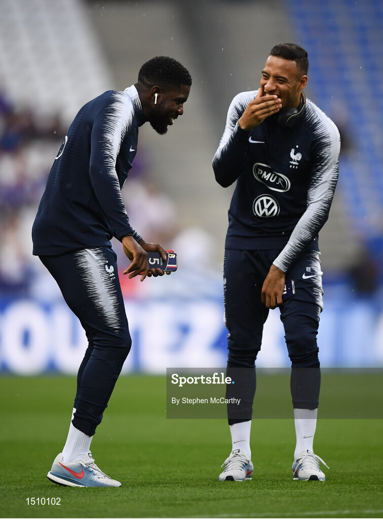 28 May 2018; Samuel Umtiti, left, and Corentin Tolisso of France  prior to the International Friendly match between France and Republic of Ireland at Stade de France in Paris, France. Photo by Stephen McCarthy/Sportsfile