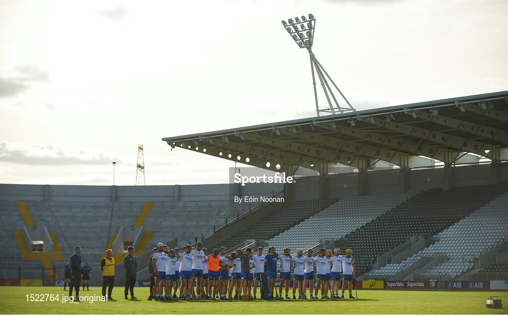 20 June 2018; Waterford players stand for the playing of the National Aanthem prior to the Bord Gais Energy Munster Under 21 Hurling Championship Semi-Final match between Cork and Waterford at Pairc Ui Chaoimh in Cork. Photo by Eóin Noonan/Sportsfile