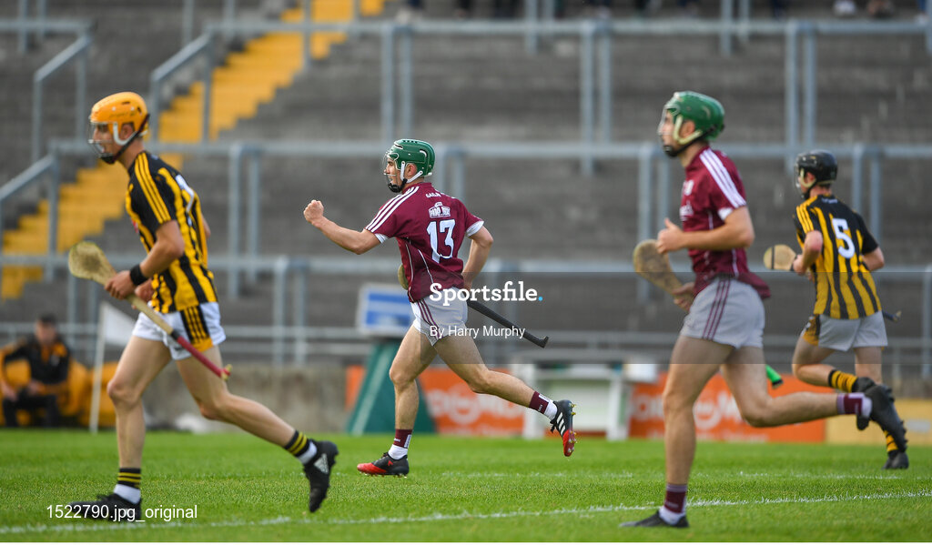 20 June 2018; Evan Niland of Galway celebrates after scoring his side's first goal during the Bord Gáis Energy Leinster GAA Hurling U21 Championship Semi-Final match between Kilkenny and Galway at Bord Na Mona O'Connor Park in Tullamore, Co Offaly. Photo by Harry Murphy/Sportsfile