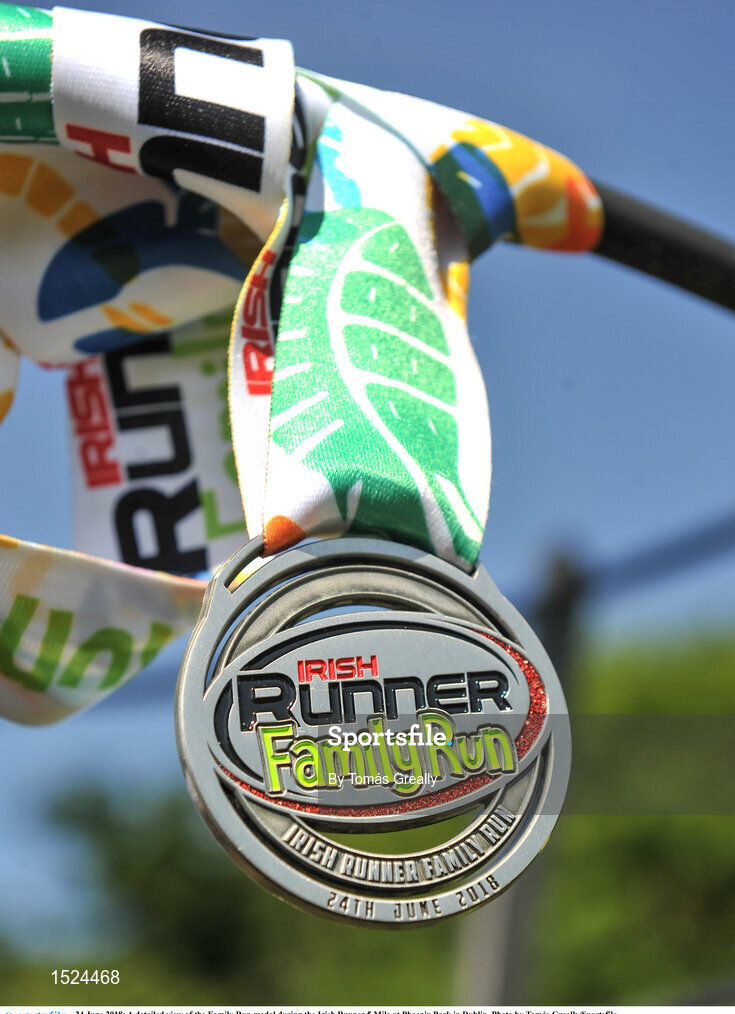 24 June 2018; A detailed view of the Family Run medal during the Irish Runner 5 Mile at Phoenix Park in Dublin. Photo by Tomás Greally/Sportsfile