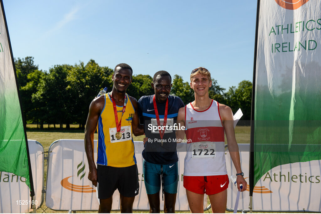 24 June 2018; Men's runners, from left, Eskander Turki of Monaghan Town Runners, 3rd place, Freddie Keron, Raheny Shamrocks, 1st place, Brendan McDonnell, 2nd place, after the Irish Runner 5 Mile at the Phoenix Park in Dublin. Photo by Piaras Ó Mídheach/Sportsfile
