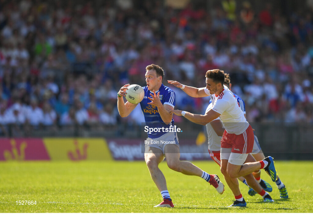 30 June 2018; Gearoid McKiernan of Cavan in action against Padraig Hampsey of Tyrone during the GAA Football All-Ireland Senior Championship Round 3 match between Cavan and Tyrone at Brewster Park in Enniskillen, Fermanagh. Photo by Eóin Noonan/Sportsfile