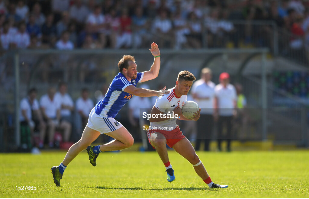 30 June 2018; Michael McKernan of Tyrone in action against Sean Johnston of Cavan during the GAA Football All-Ireland Senior Championship Round 3 match between Cavan and Tyrone at Brewster Park in Enniskillen, Fermanagh. Photo by Eóin Noonan/Sportsfile