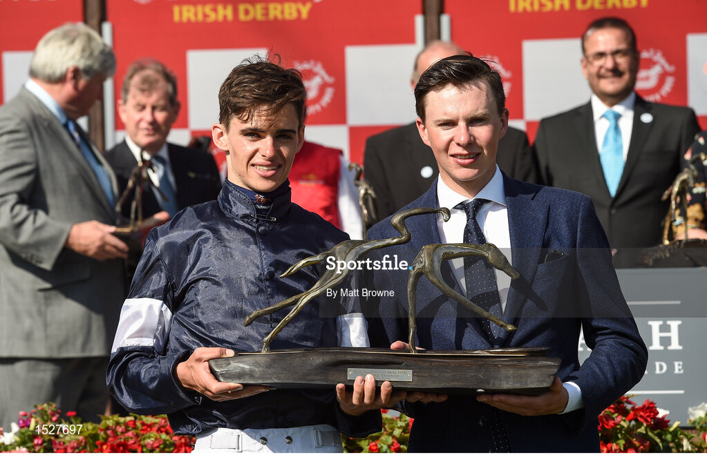 30 June 2018; Jockey Donnacha O'Brien, left, and trainer Joseph O'Brien with the trophy after winning the Dubai Duty Free Irish Derby with Latrobe during day 2 of the Dubai Duty Free Irish Derby Festival at the Curragh Racecourse in Kildare. Photo by Matt Browne/Sportsfile