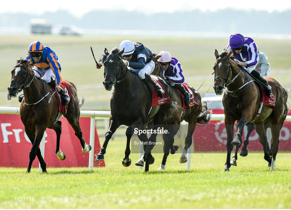 30 June 2018; Winner Latrobe, centre, with Donnacha O'Brien up, leads eventual second place finisher Rostropovich, left, with Padraig Beggy up, and third place finisher Saxon Warrior, right, with Ryan Moore up, during the Dubai Duty Free Irish Derby during day 2 of the Dubai Duty Free Irish Derby Festival at the Curragh Racecourse in Kildare. Photo by Matt Browne/Sportsfile