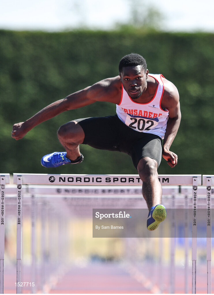 30 June 2018; Valantinos Goularas of Crusaders A.C. Co. Dublin, on his way to winning the Junior Men 110mH event during the Irish Life Health National Junior & U23 T&F Championships at Tullamore Harriers Stadium in Tullamore, Offaly. Photo by Sam Barnes/Sportsfile