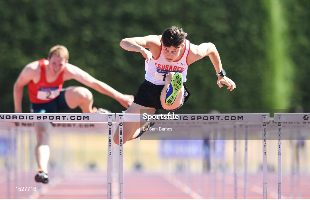 30 June 2018; Matthew Behan of Crusaders A.C. Co. Dublin, on his way to winning the U23 Men 110mH event during the Irish Life Health National Junior & U23 T&F Championships at Tullamore Harriers Stadium in Tullamore, Offaly. Photo by Sam Barnes/Sportsfile