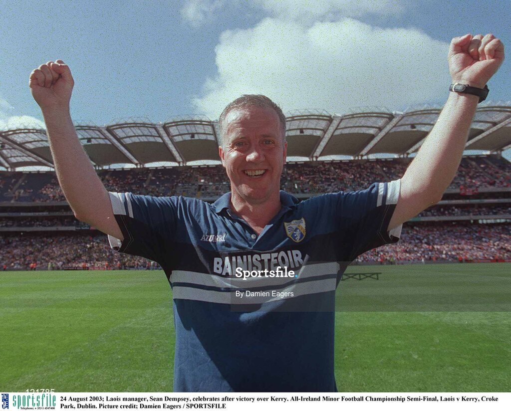 24 August 2003; Laois manager, Sean Dempsey, celebrates after victory over Kerry, after the All-Ireland Minor Football Championship Semi-Final between Laois and Kerry at Croke Park, Dublin. Photo by Damien Eagers/Sportsfile