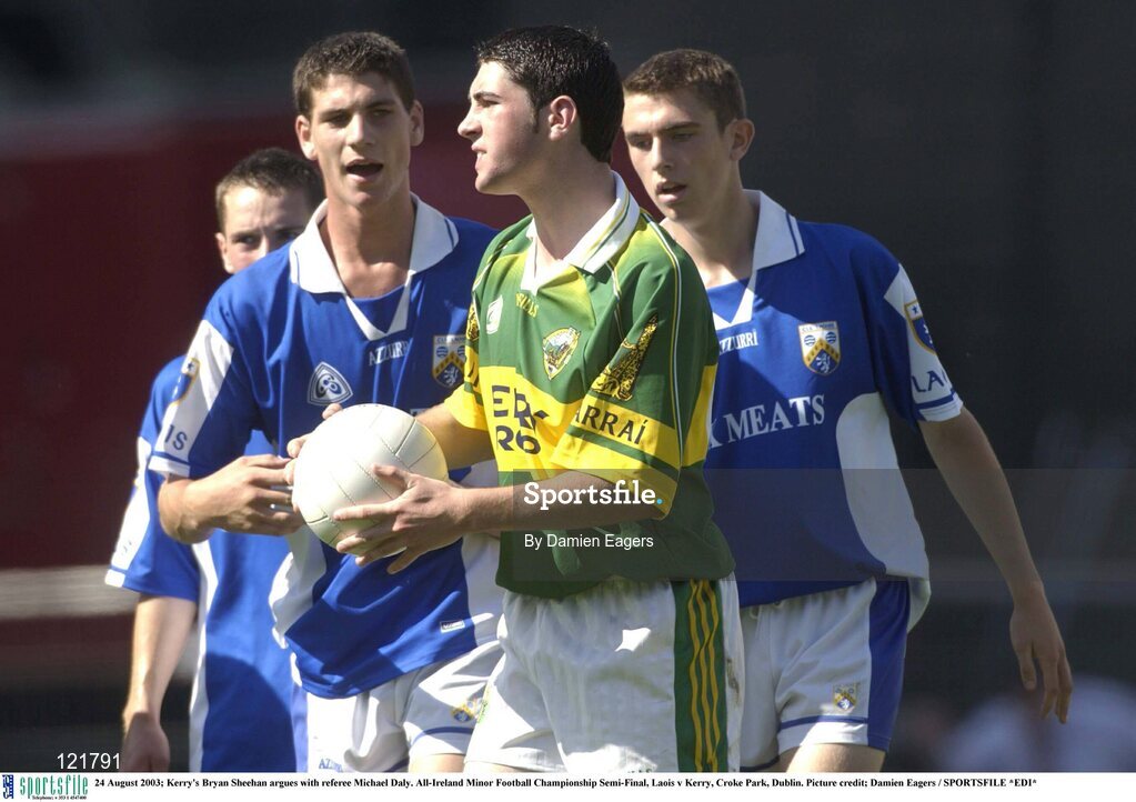 24 August 2003; Bryan Sheehan of Kerry argues with referee Michael Daly during the All-Ireland Minor Football Championship Semi-Final between Laois and Kerry at Croke Park, Dublin. Photo by Damien Eagers/Sportsfile