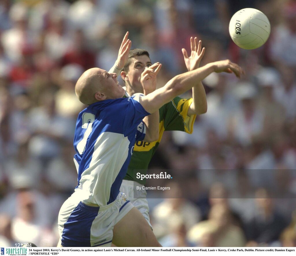 24 August 2003; David Geaney of Kerry, in action against Michael Curran of Laois during the All-Ireland Minor Football Championship Semi-Final between Laois and Kerry at Croke Park, Dublin. Photo by Damien Eagers/Sportsfile