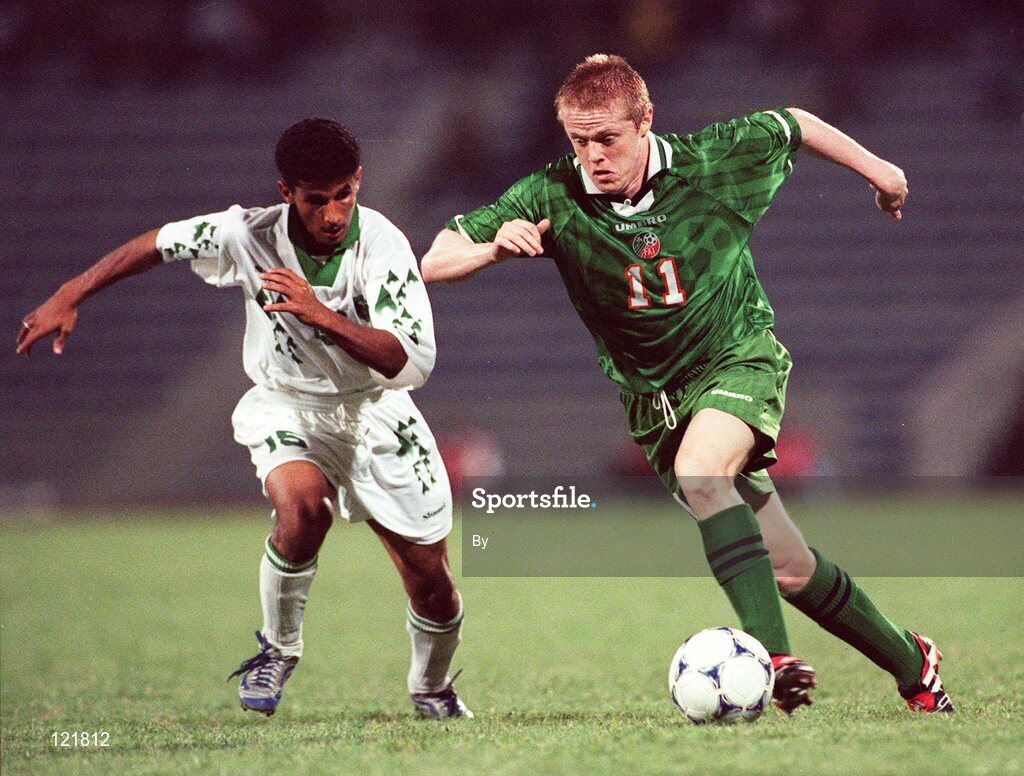 7th April 1999; Rep of Ireland's Damian Duff in action  against Saudi Arabia's Saad during the game in the Liberty Stadium Ibadan, Nigeria Under 20  World Cup Finals. Soccer Picture Credit; David Maher/SPORTSFILE