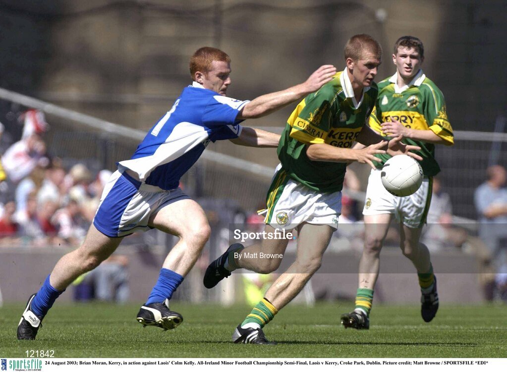 24 August 2003; Brian Moran of Kerry, in action against Colm Kelly of Laois during the All-Ireland Minor Football Championship Semi-Final between Laois and Kerry at Croke Park, Dublin. Photo by Matt Browne/Sportsfile