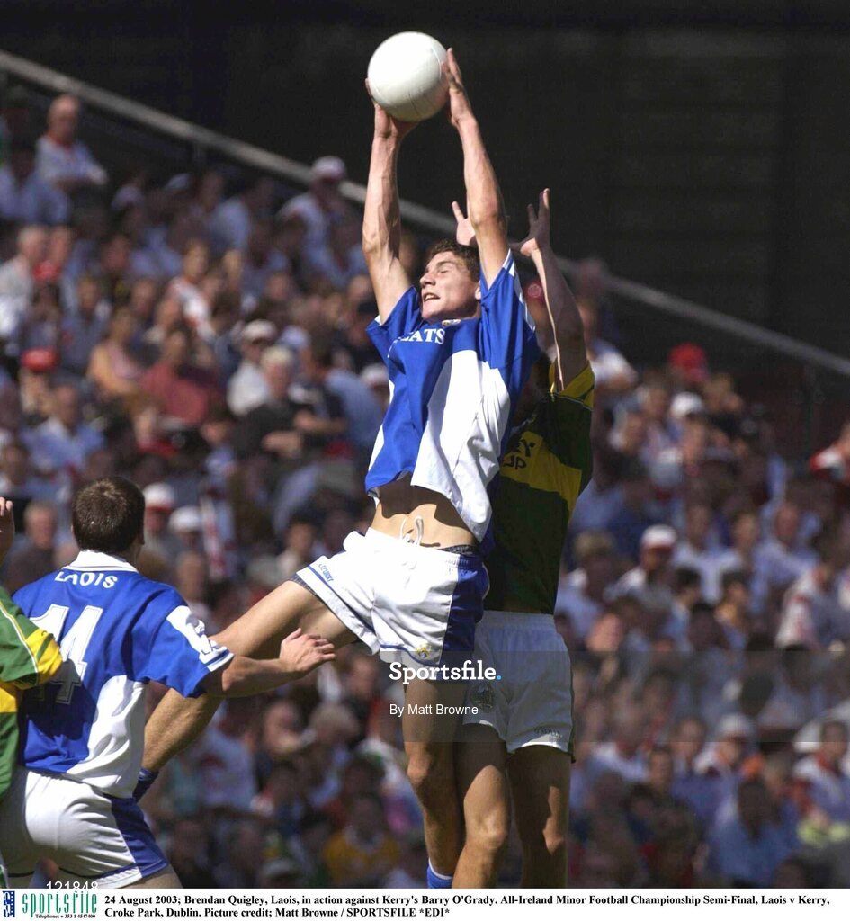 24 August 2003; Brendan Quigley of Laois, in action against Barry O'Grady of Kerry during the All-Ireland Minor Football Championship Semi-Final between Laois and Kerry at Croke Park, Dublin. Photo by Matt Browne/Sportsfile