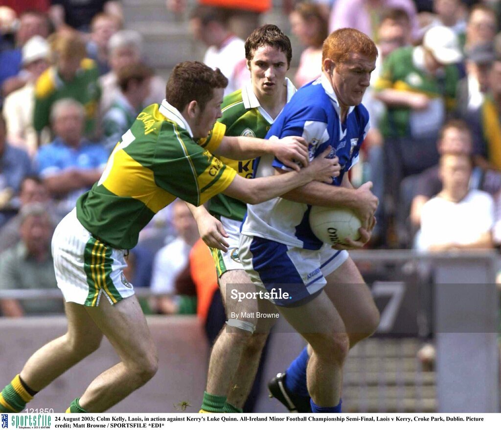 24 August 2003; Colm Kelly of Laois, in action against Luke Quinn of Kerry during the All-Ireland Minor Football Championship Semi-Final between Laois and Kerry at Croke Park, Dublin. Photo by Matt Browne/Sportsfile