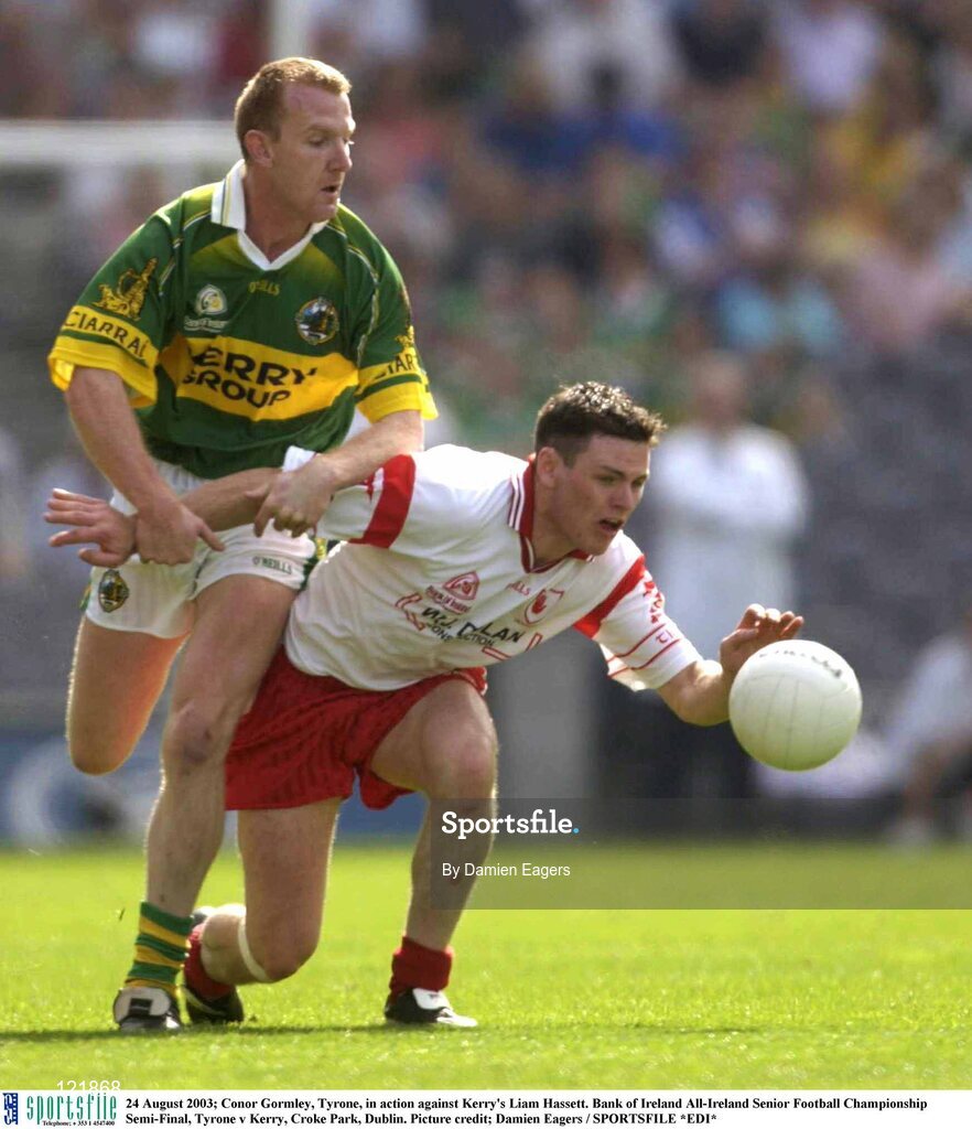 24 August 2003; Conor Gormley of Tyrone, in action against Liam Hassett of Kerry during the Bank of Ireland All-Ireland Senior Football Championship Semi-Final between Tyrone and Kerry at Croke Park, Dublin. Photo by Damien Eagers/Sportsfile