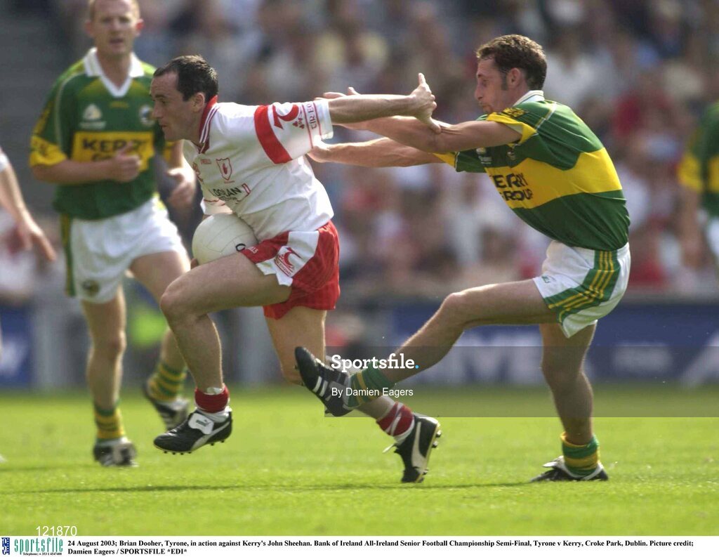 24 August 2003; Brian Dooher of Tyrone, in action against John Sheehan of Kerry during the Bank of Ireland All-Ireland Senior Football Championship Semi-Final between Tyrone and Kerry at Croke Park, Dublin. Photo by Damien Eagers/Sportsfile
