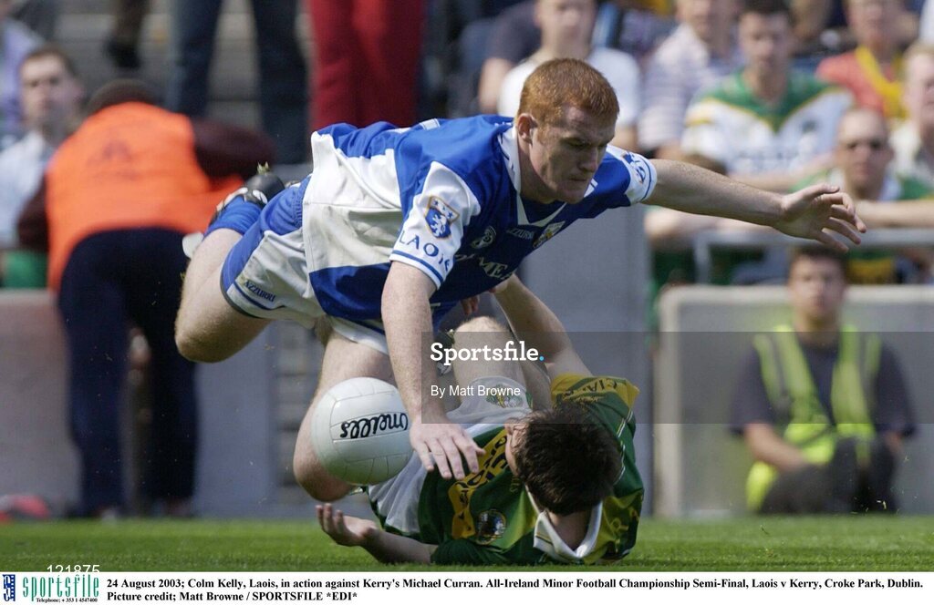 24 August 2003; Colm Kelly of Laois, in action against Michael Curran of Kerry during the All-Ireland Minor Football Championship Semi-Final between Laois and Kerry at Croke Park, Dublin. Photo by Matt Browne/Sportsfile