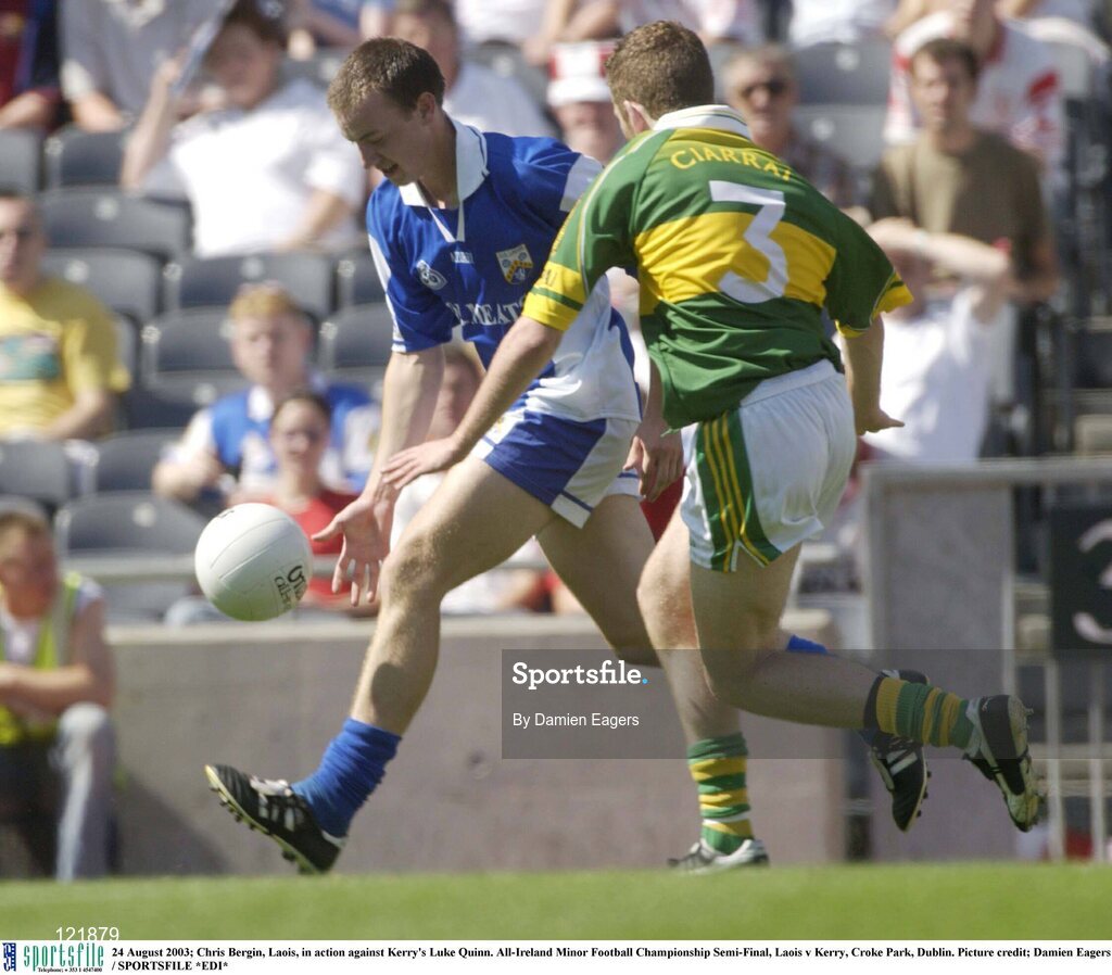 24 August 2003; Chris Bergin of Laois, in action against Luke Quinn of Kerry during the All-Ireland Minor Football Championship Semi-Final between Laois and Kerry at Croke Park, Dublin. Photo by Damien Eagers/Sportsfile
