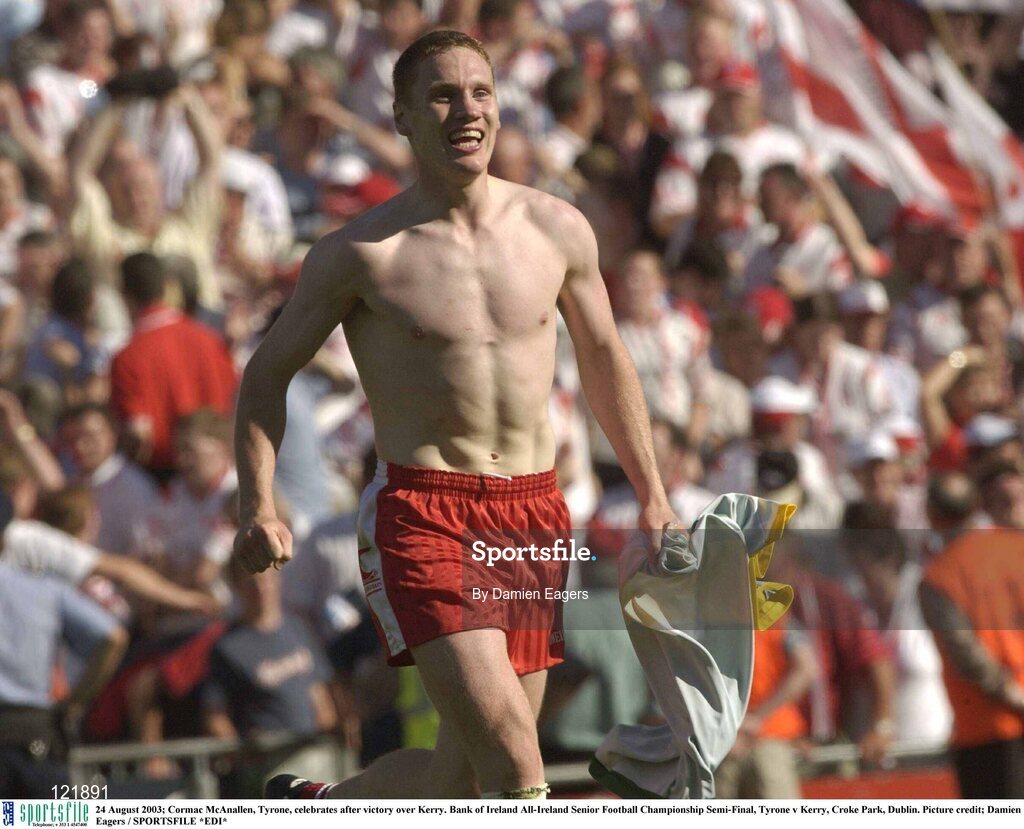 24 August 2003; Cormac McAnallen of Tyrone, celebrates after victory over Kerry at the end of the Bank of Ireland All-Ireland Senior Football Championship Semi-Final between Tyrone and Kerry at Croke Park, Dublin. Photo by Damien Eagers/Sportsfile