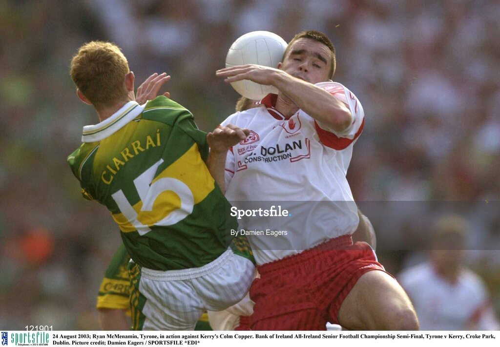 24 August 2003; Ryan McMenamin of Tyrone, in action against Colm Cooper of Kerry during the Bank of Ireland All-Ireland Senior Football Championship Semi-Final between Tyrone and Kerry at Croke Park, Dublin. Photo by Damien Eagers/Sportsfile