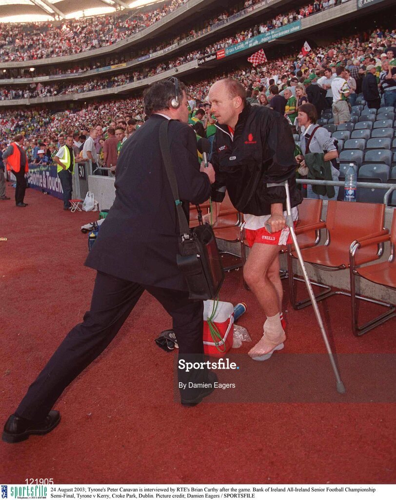 24 August 2003; Peter Canavan of Tyrone is interviewed by RTE's Brian Carthy after the Bank of Ireland All-Ireland Senior Football Championship Semi-Final between Tyrone and Kerry at Croke Park, Dublin. Photo by Damien Eagers/Sportsfile