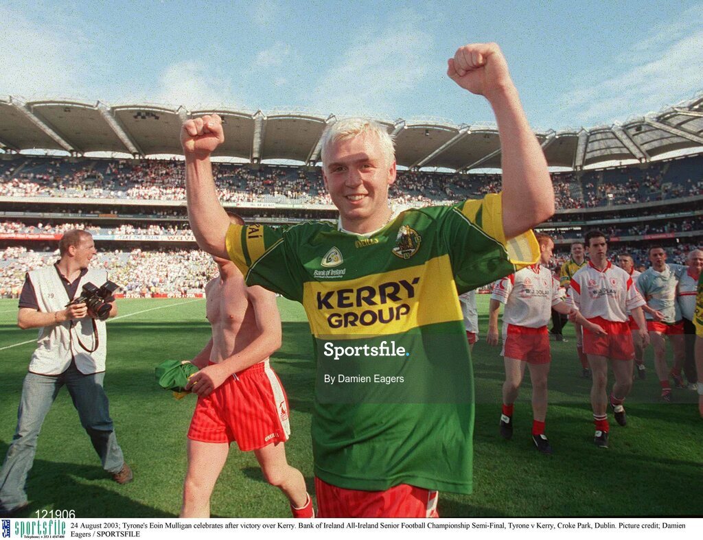 24 August 2003; Eoin Mulligan of Tyrone celebrates after victory over Kerry after the Bank of Ireland All-Ireland Senior Football Championship Semi-Final between Tyrone and Kerry at Croke Park, Dublin. Photo by Damien Eagers/Sportsfile