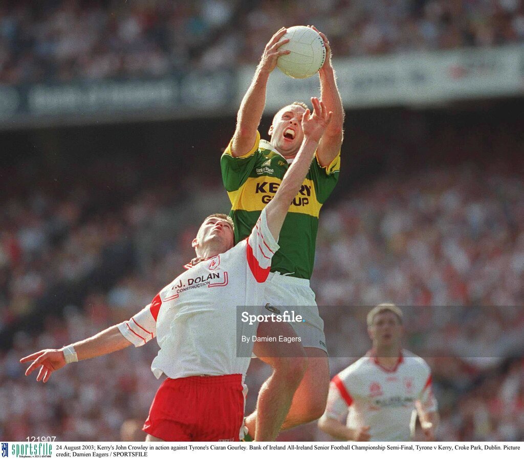 24 August 2003; John Crowley of Kerry in action against Ciaran Gourley of Tyrone during the Bank of Ireland All-Ireland Senior Football Championship Semi-Final between Tyrone and Kerry at Croke Park, Dublin. Photo by Damien Eagers/Sportsfile
