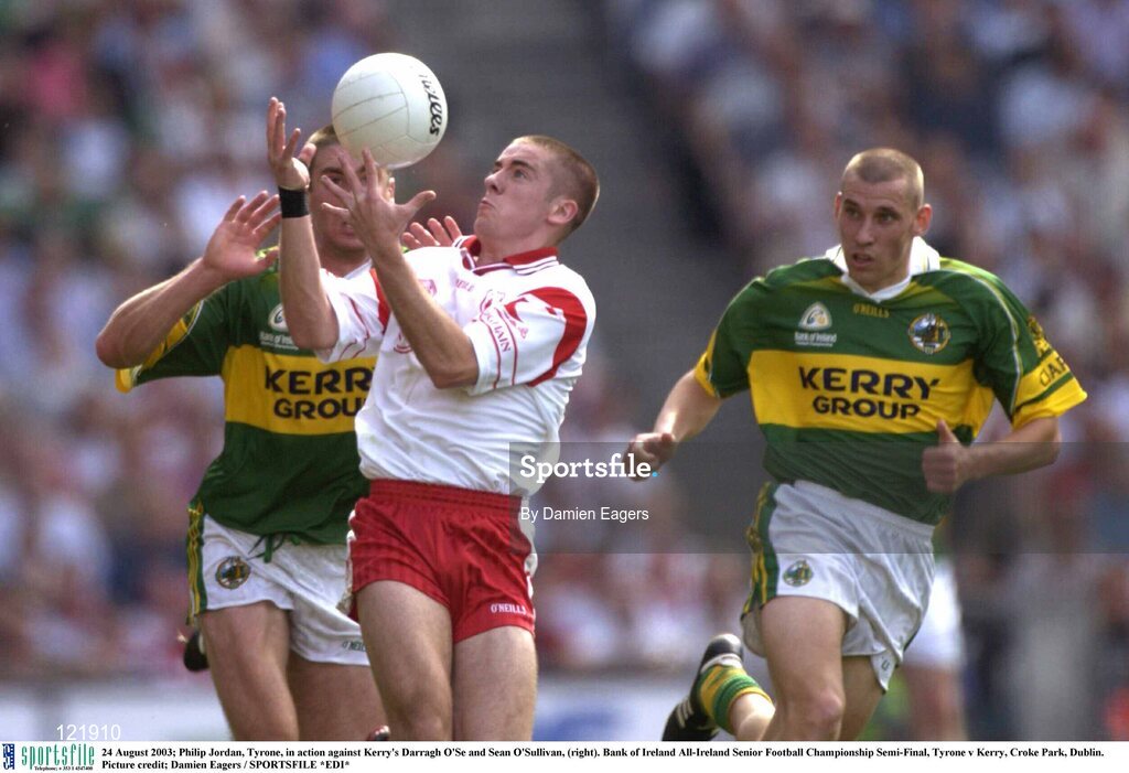 24 August 2003; Philip Jordan of Tyrone, in action against Darragh O'Se and Sean O'Sullivan, (right) of Kerry during the Bank of Ireland All-Ireland Senior Football Championship Semi-Final between Tyrone and Kerry at Croke Park, Dublin. Photo by Damien Eagers/Sportsfile