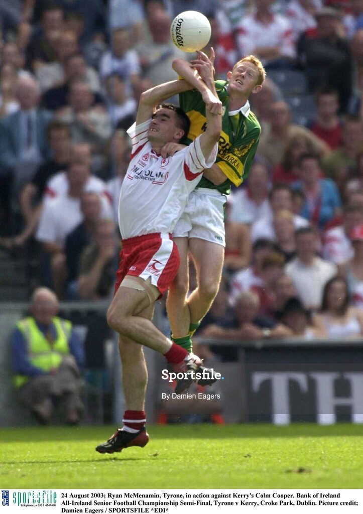 24 August 2003; Ryan McMenamin of Tyrone, in action against Colm Cooper of Kerry during the Bank of Ireland All-Ireland Senior Football Championship Semi-Final between Tyrone and Kerry at Croke Park, Dublin. Photo by Damien Eagers/Sportsfile