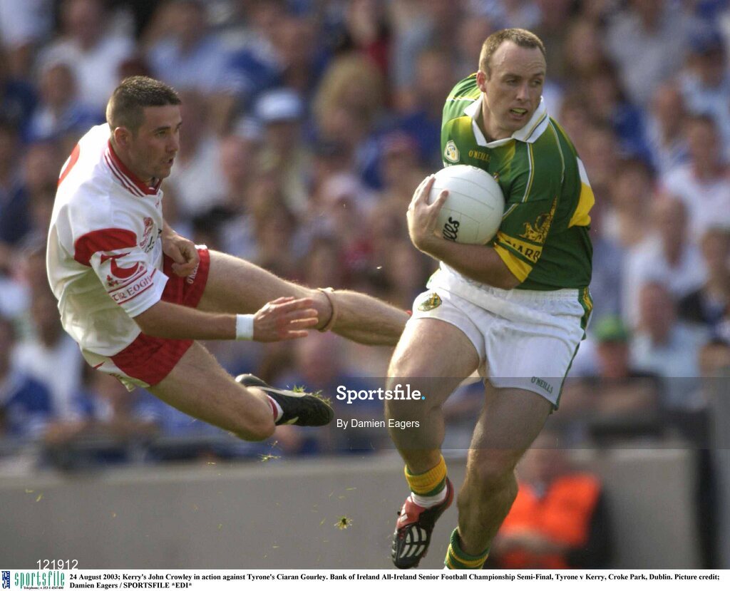24 August 2003; John Crowley of Kerry in action against Ciaran Gourley of Tyrone during the Bank of Ireland All-Ireland Senior Football Championship Semi-Final between Tyrone and Kerry at Croke Park, Dublin. Photo by Damien Eagers/Sportsfile