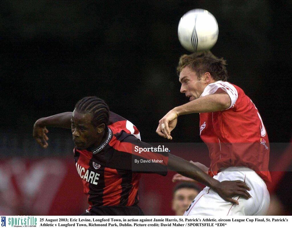 25 August 2003; Eric Levine of Longford Town, in action against Jamie Harris of St. Patrick's Athletic during the Eircom League Cup Final between St. Patrick's Athletic and Longford Town at Richmond Park, Dublin. Photo by David Maher/Sportsfile