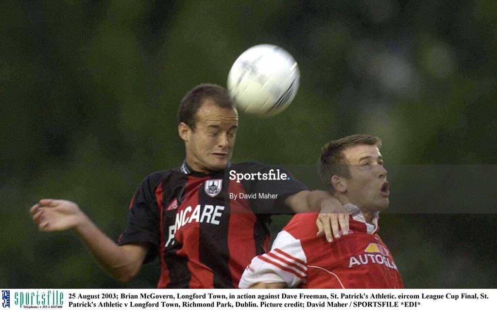 25 August 2003; Brian McGovern of Longford Town, in action against Dave Freeman of St. Patrick's Athletic during the Eircom League Cup Final between St. Patrick's Athletic and Longford Town at Richmond Park, Dublin. Photo by David Maher/Sportsfile
