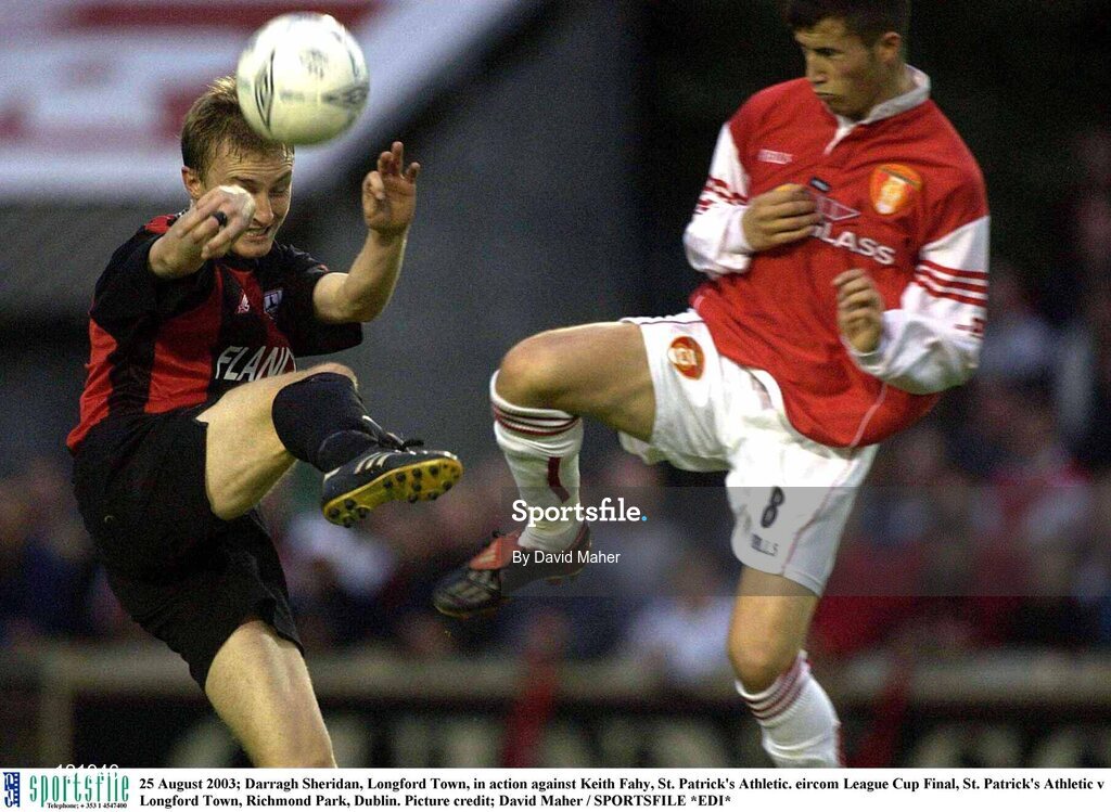 25 August 2003; Darragh Sheridan of Longford Town, in action against Keith Fahy of St. Patrick's Athletic during the Eircom League Cup Final between St. Patrick's Athletic and Longford Town at Richmond Park, Dublin. Photo by David Maher/Sportsfile