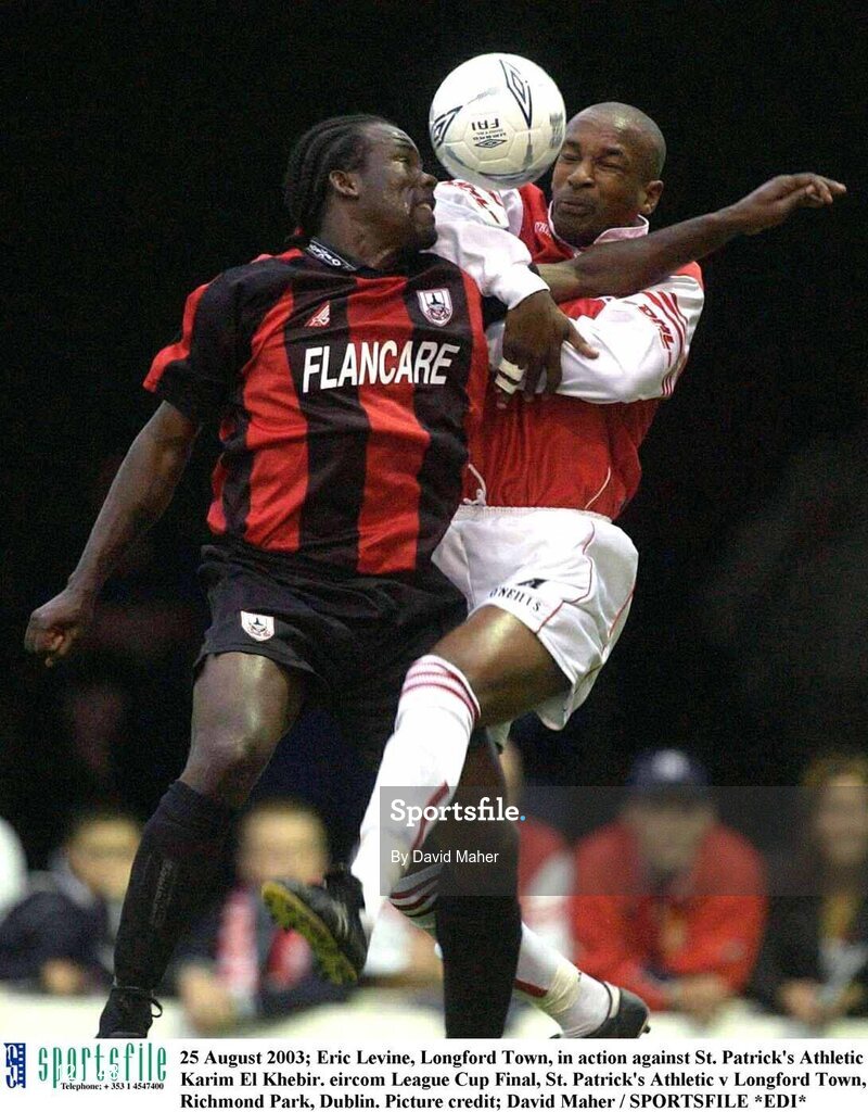 25 August 2003; Eric Levine of Longford Town, in action against Karim El Khebir of St. Patrick's Athletic during the Eircom League Cup Final between St. Patrick's Athletic and Longford Town at Richmond Park, Dublin. Photo by David Maher/Sportsfile