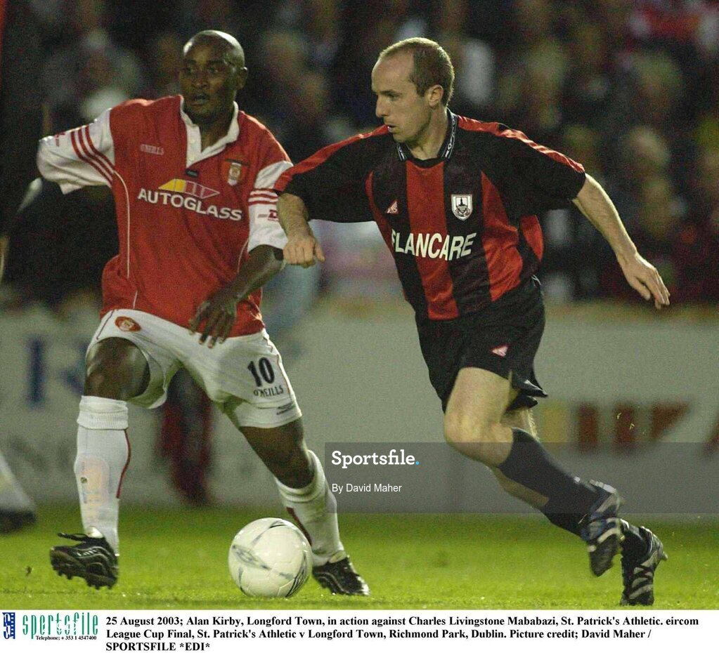 25 August 2003; Alan Kirby of Longford Town, right, in action against Charles Livingstone Mababazi of St. Patrick's Athletic during the Eircom League Cup Final between St. Patrick's Athletic and Longford Town at Richmond Park, Dublin. Photo by David Maher/Sportsfile