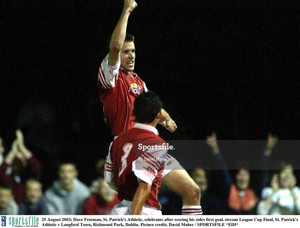 25 August 2003; Dave Freeman of St. Patrick's Athletic, celebrates after scoring his sides first goal during the Eircom League Cup Final between St. Patrick's Athletic and Longford Town at Richmond Park, Dublin. Photo by David Maher/Sportsfile