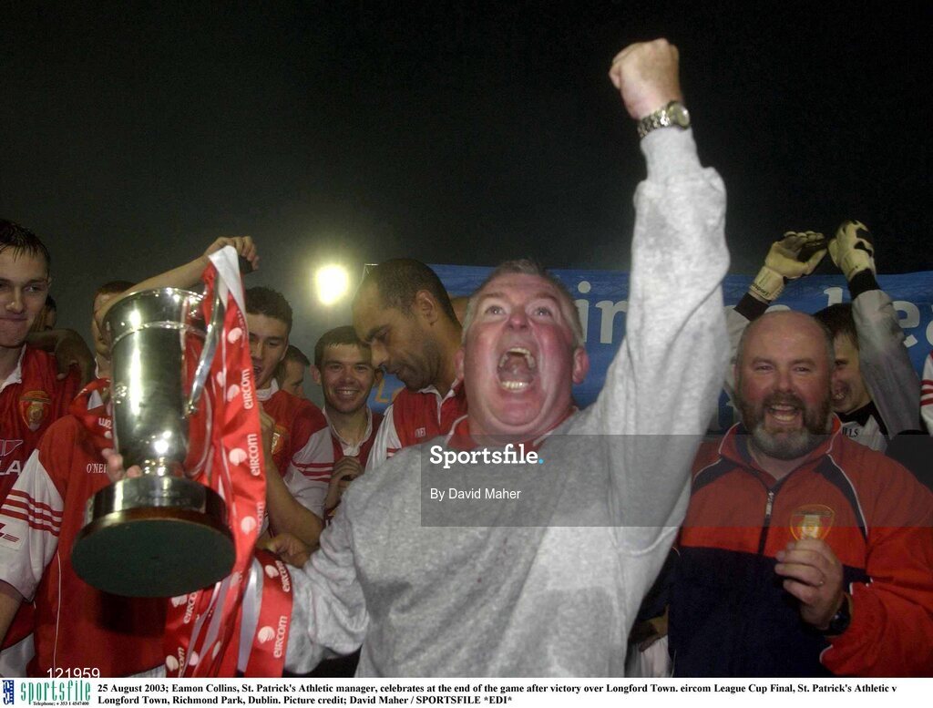 25 August 2003; Eamon Collins, St. Patrick's Athletic manager, celebrates at the end of the game after victory over Longford Town after the eircom League Cup Final between St. Patrick's Athletic and Longford Town at Richmond Park, Dublin. Photo by David Maher/Sportsfile