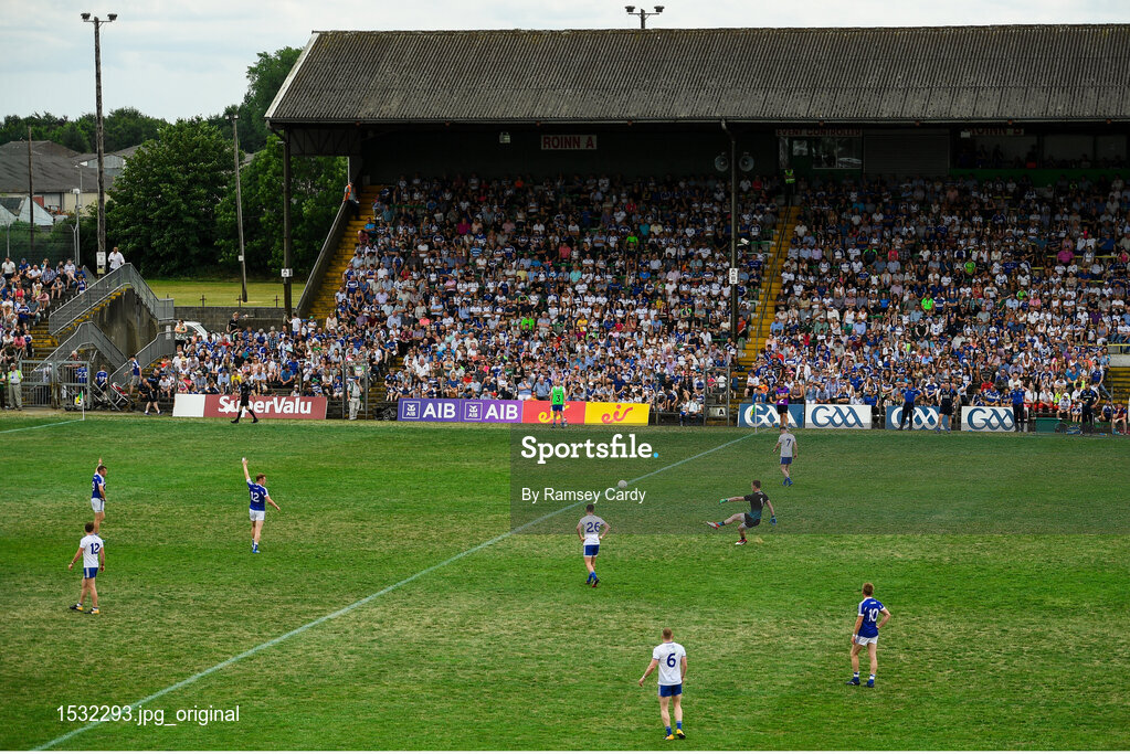 8 July 2018; Rory Beggan of Monaghan strikes an unsucessful free during the GAA Football All-Ireland Senior Championship Round 4 match between Laois and Monaghan at Páirc Tailteann in Navan, Co Meath. Photo by Ramsey Cardy/Sportsfile