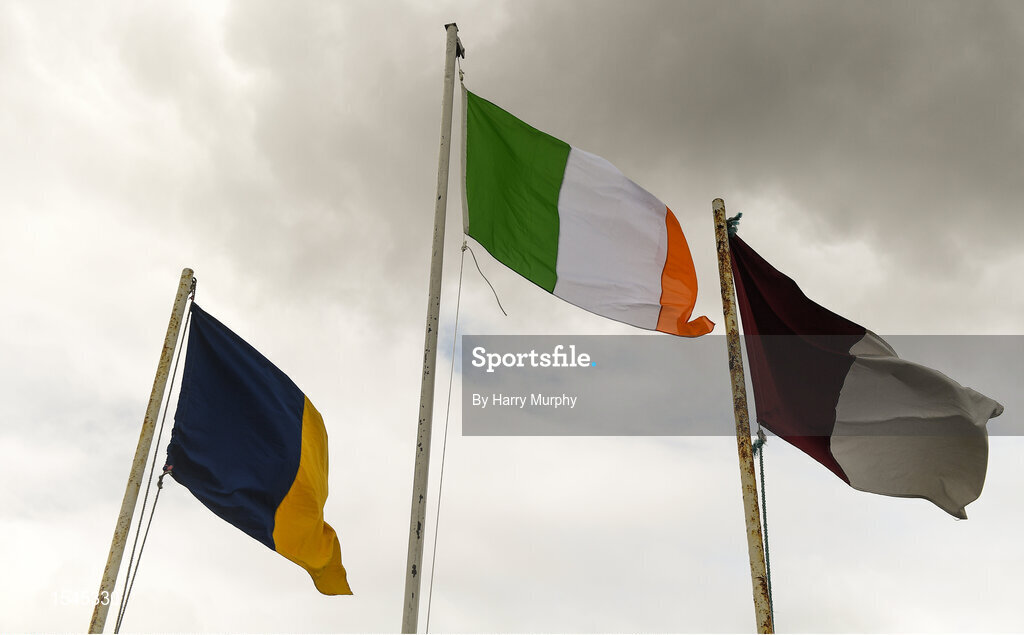 29 July 2018; A general view of Clare, Ireland and Galway flags prior to the Electric Ireland GAA Football All-Ireland Minor Championship Quarter-Final between Galway and Clare at Bord Na Mona O Connor Park in Tullamore, Co Offaly. Photo by Harry Murphy/Sportsfile
