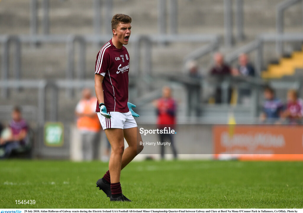 29 July 2018; Aidan Halloran of Galway reacts during the Electric Ireland GAA Football All-Ireland Minor Championship Quarter-Final between Galway and Clare at Bord Na Mona O'Connor Park in Tullamore, Co Offaly. Photo by Harry Murphy/Sportsfile