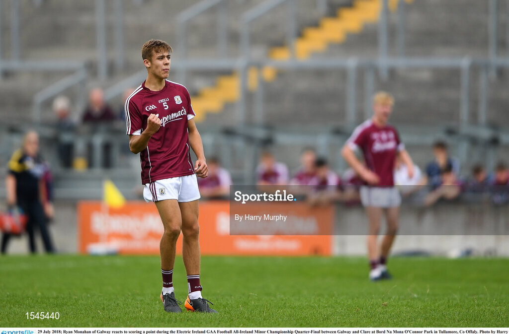 29 July 2018; Ryan Monahan of Galway reacts to scoring a point during the Electric Ireland GAA Football All-Ireland Minor Championship Quarter-Final between Galway and Clare at Bord Na Mona O'Connor Park in Tullamore, Co Offaly. Photo by Harry Murphy/Sportsfile