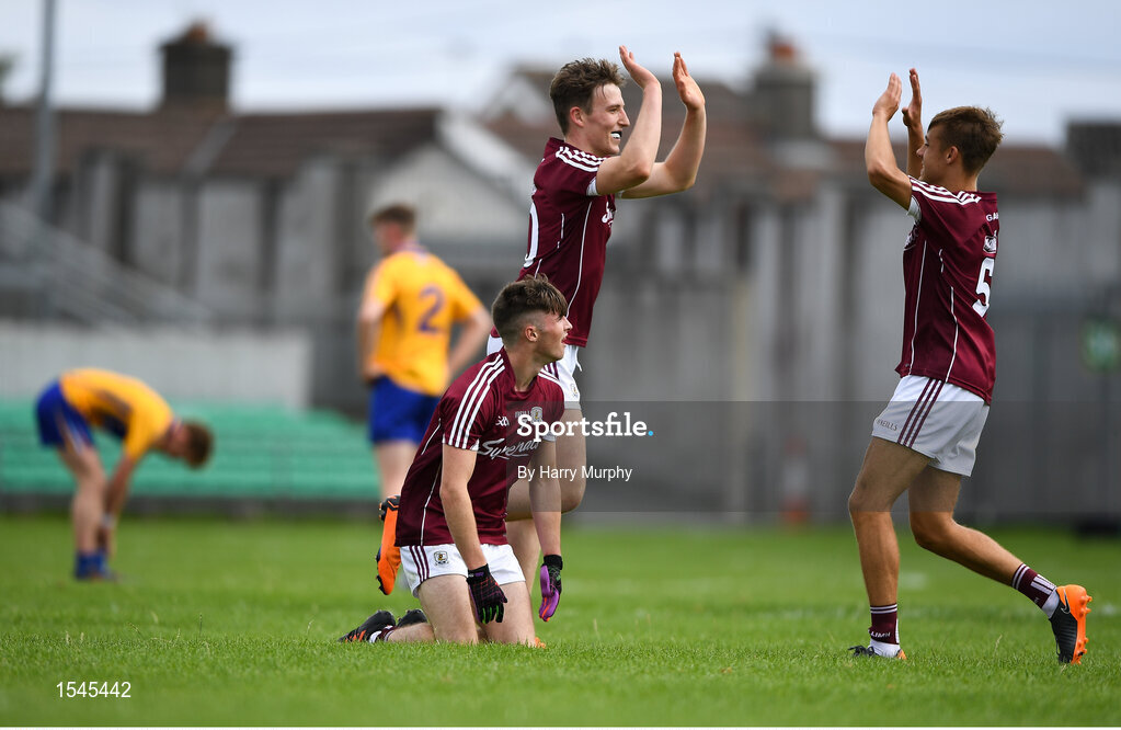 29 July 2018; Cathal Sweeney, Liam Judge and Ryan Monahan of Galway celebrate after the Electric Ireland GAA Football All-Ireland Minor Championship Quarter-Final between Galway and Clare at Bord Na Mona O'Connor Park in Tullamore, Co Offaly. Photo by Harry Murphy/Sportsfile