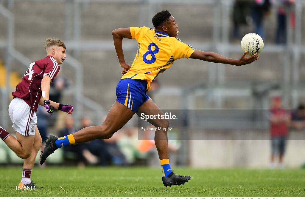 29 July 2018; Chibby Okoye of Clare in action during the Electric Ireland GAA Football All-Ireland Minor Championship Quarter-Final between Galway and Clare at Bord Na Mona O'Connor Park in Tullamore, Co Offaly. Photo by Harry Murphy/Sportsfile